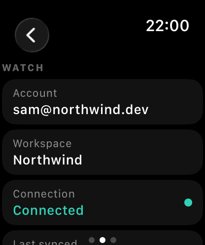 Watch settings: account, workspace, a teal Connected status, and last synced