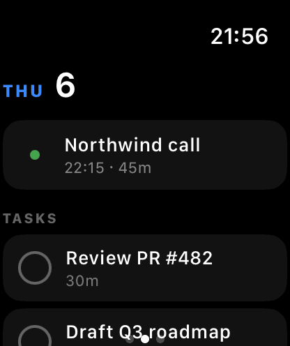 Today on the watch: THU 6, an agenda row for Northwind call at 22:15, and open tasks below