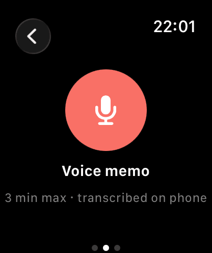 The voice memo screen: a red record button, Voice memo, and 3 min max, transcribed on phone