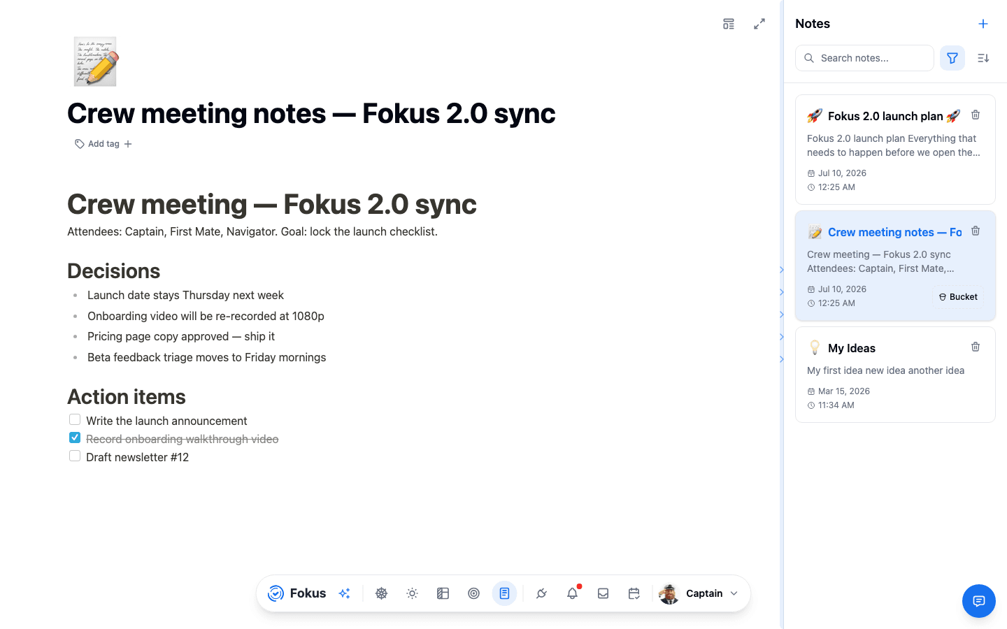 The notes editor with a meeting note and the notes list panel