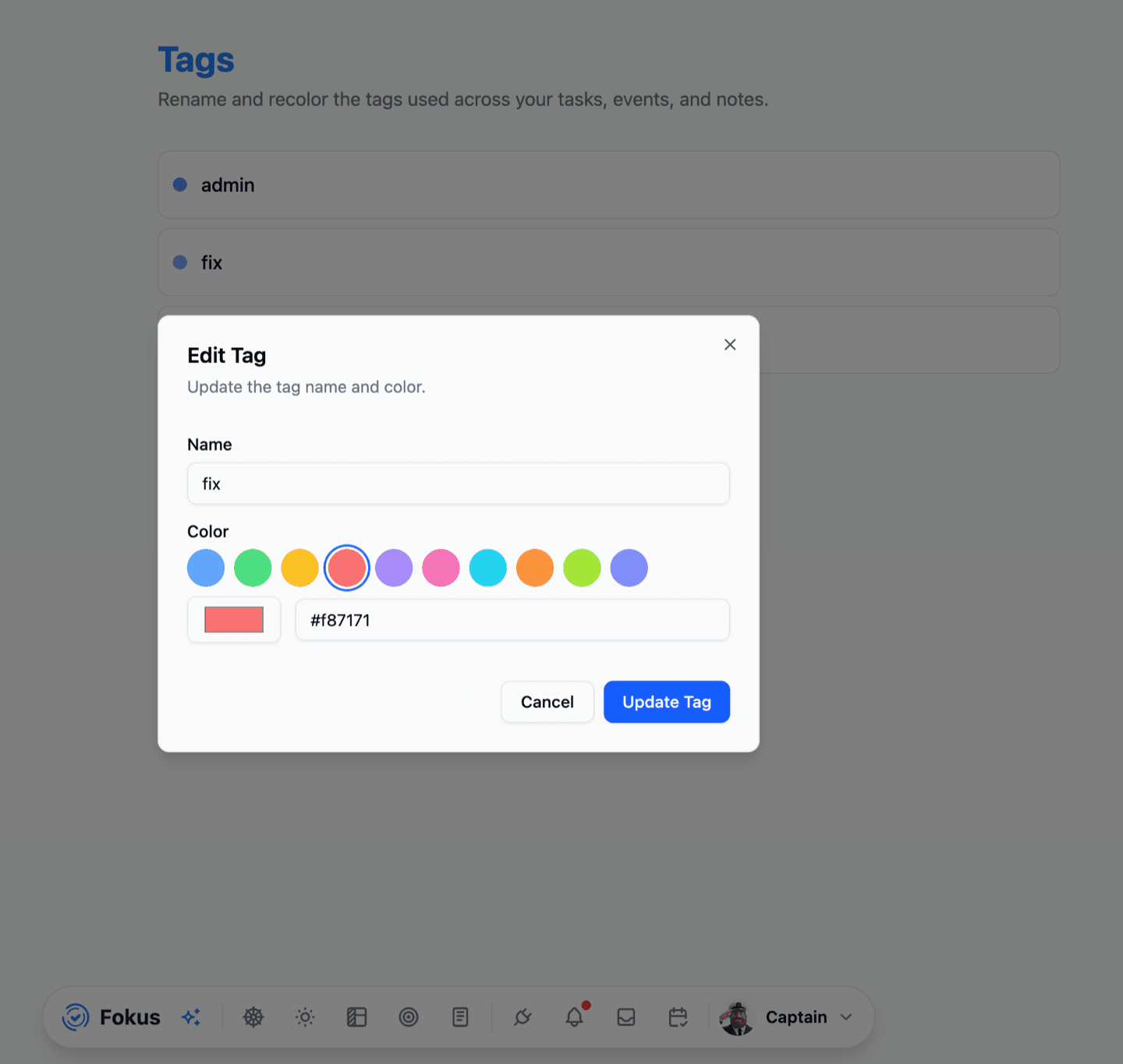 The Edit Tag dialog with a Name field, preset color swatches, and a custom hex input
