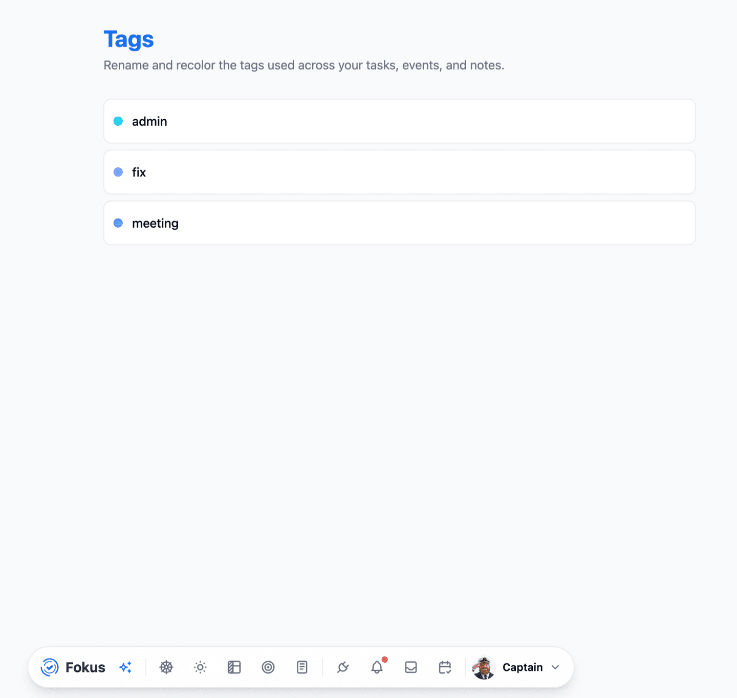 The Tags page under Settings, listing tags with their color dots