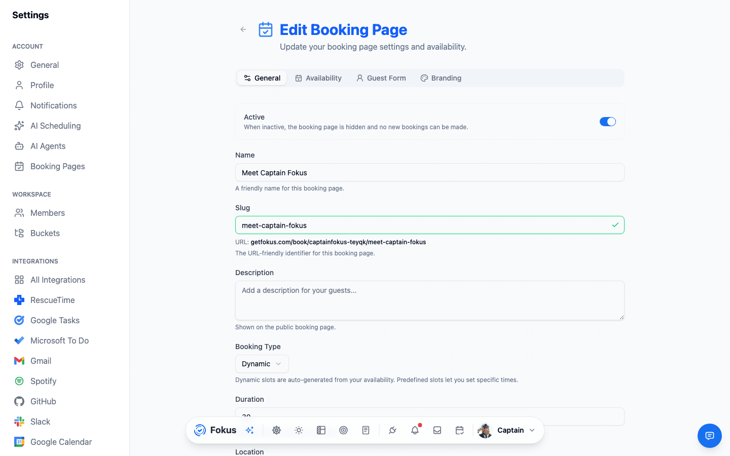 The booking page editor: General, Availability, Guest Form, and Branding tabs