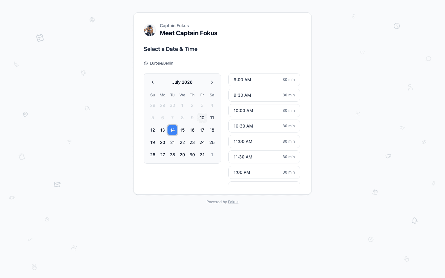 A guest picking from available time slots on the public booking page