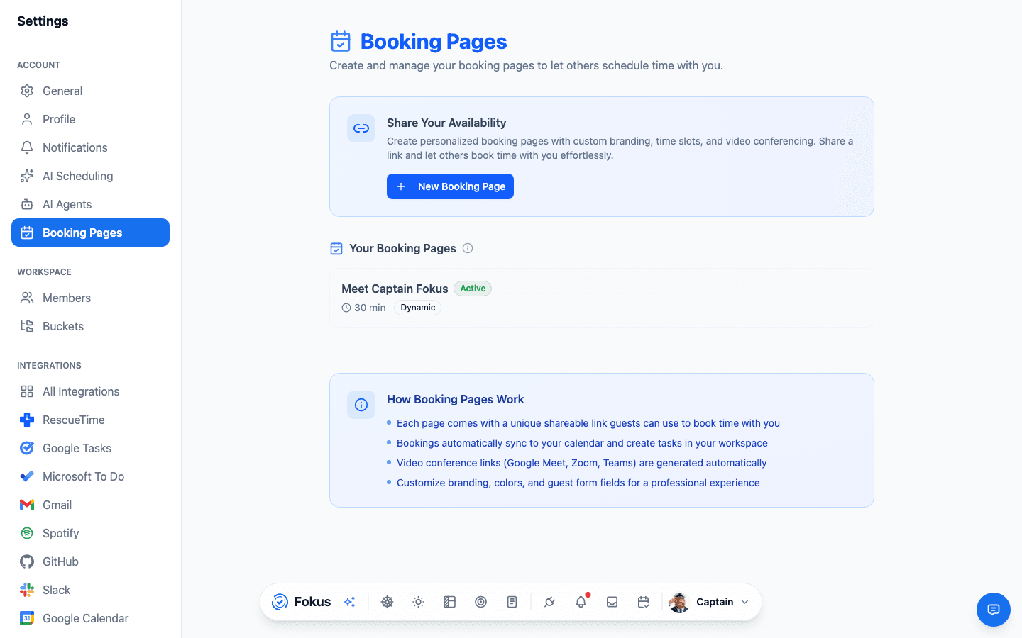 Booking pages list in settings with copy link, QR code, preview, edit, and delete actions