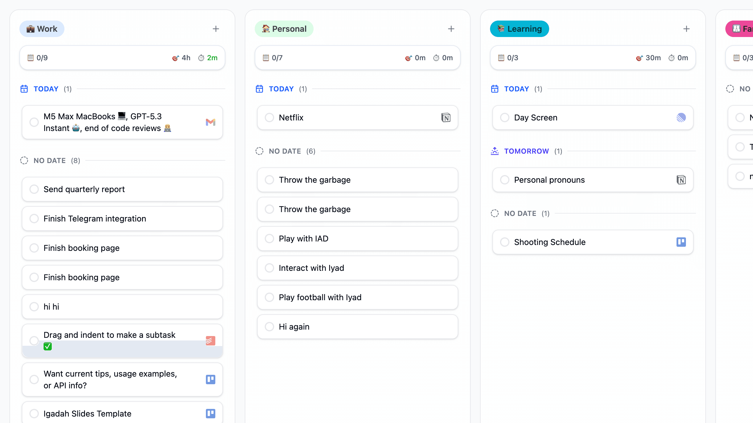 Buckets view in Fokus