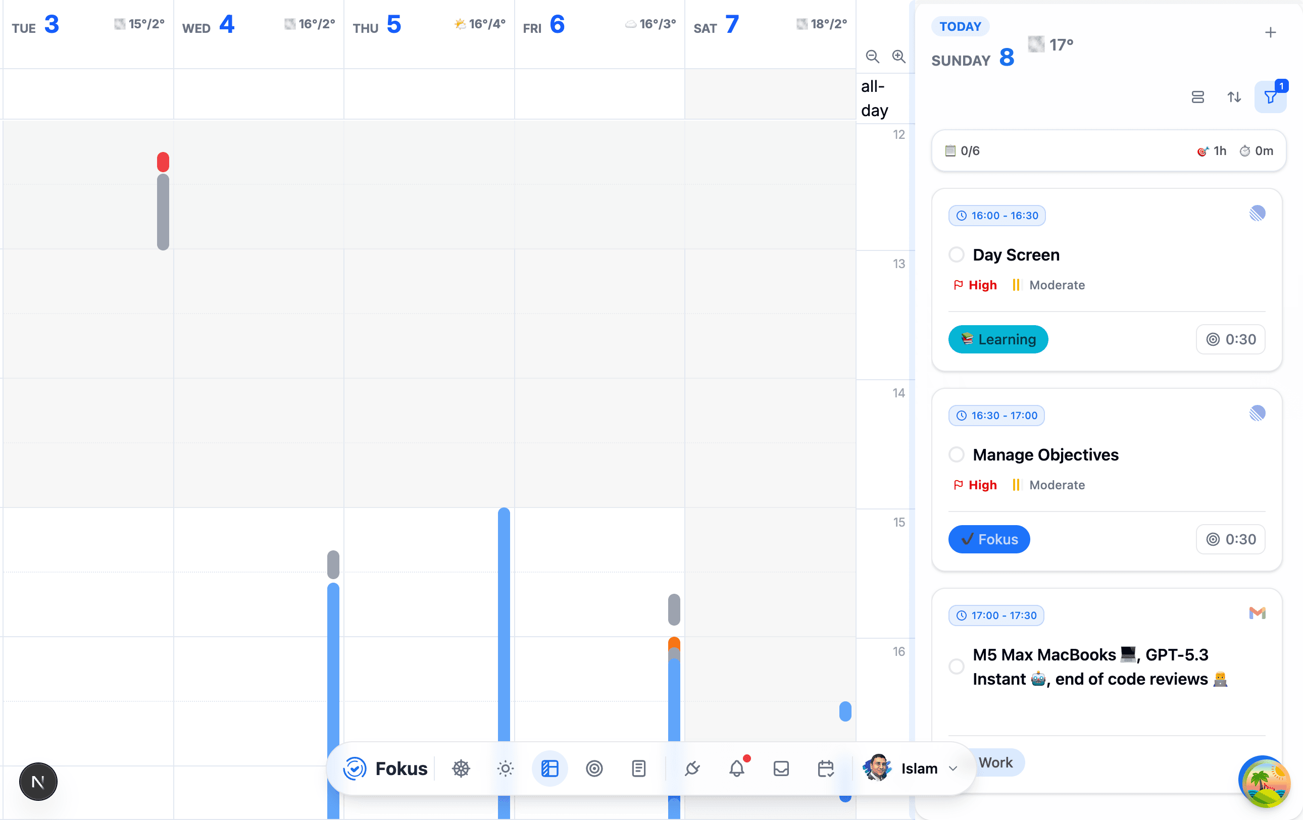 Calendar view in Fokus
