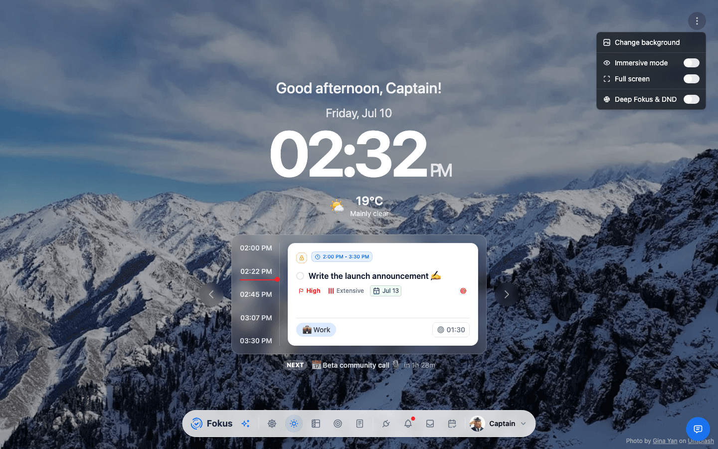 Day View focus menu with Immersive mode, Full screen, and Deep Fokus & DND
