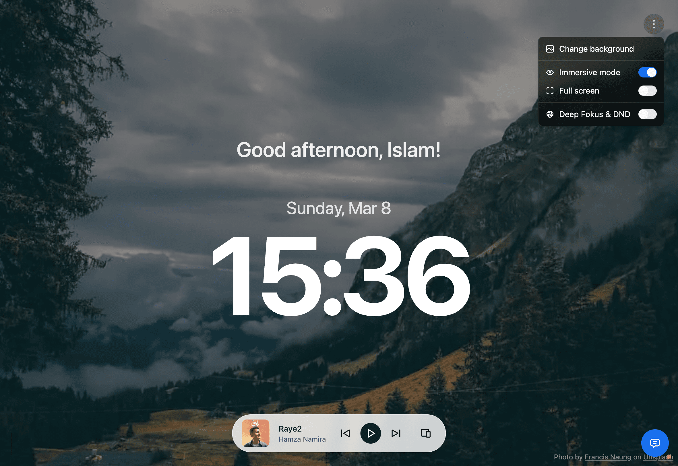 Day View in immersive mode with the top-right focus menu open
