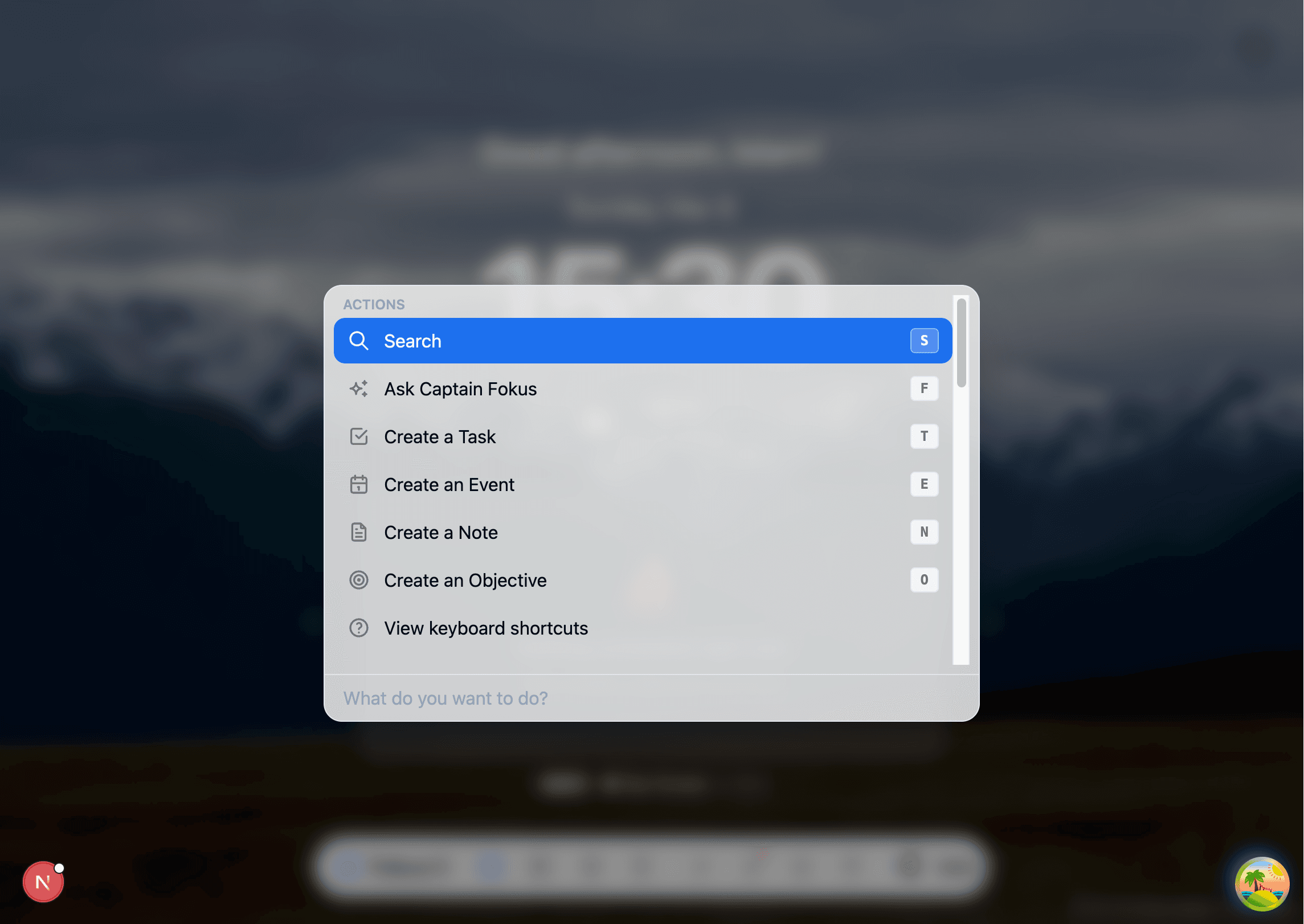 Spotlight open in Fokus with actions, navigation shortcuts, and integration commands