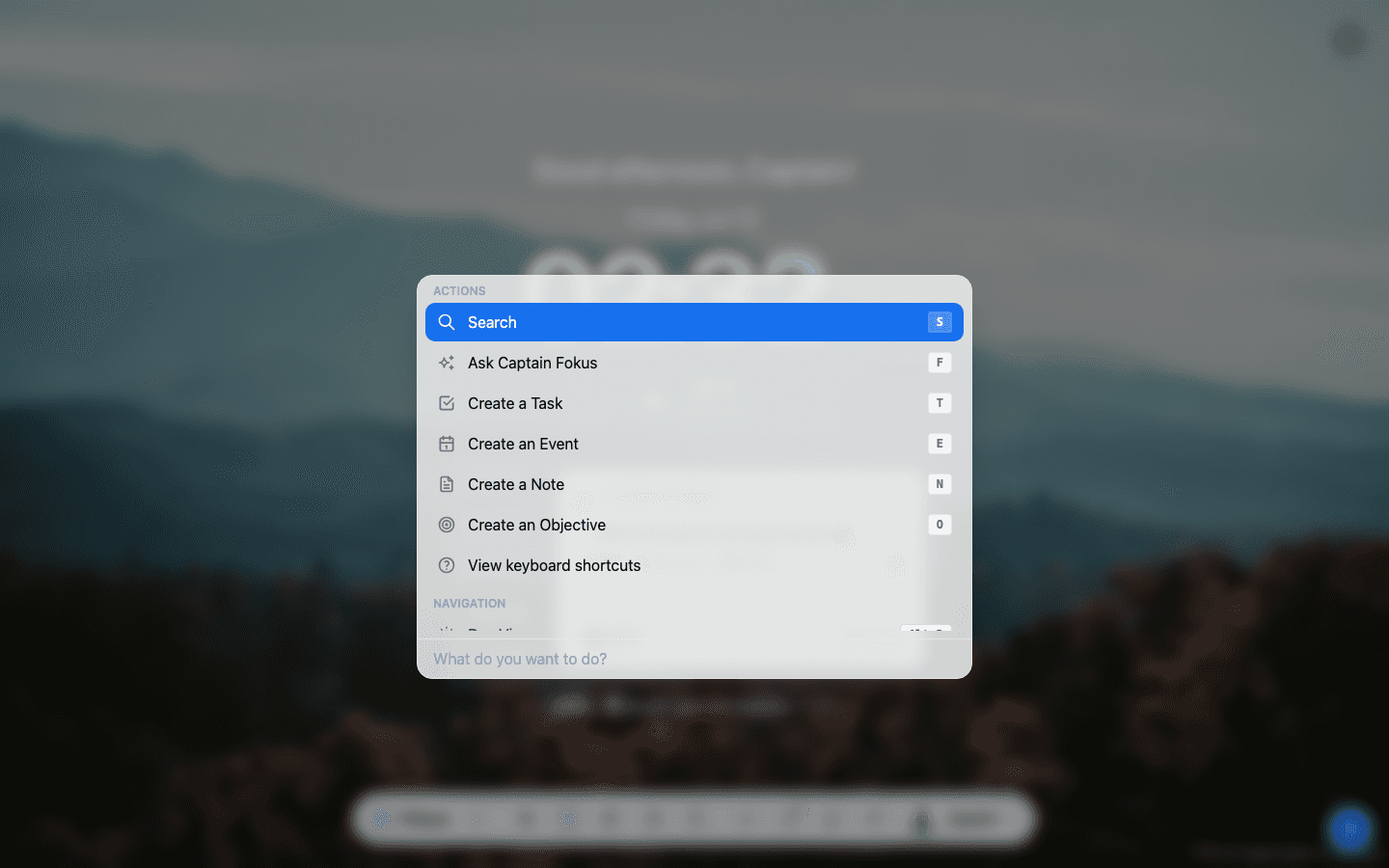 Spotlight showing actions and navigation options