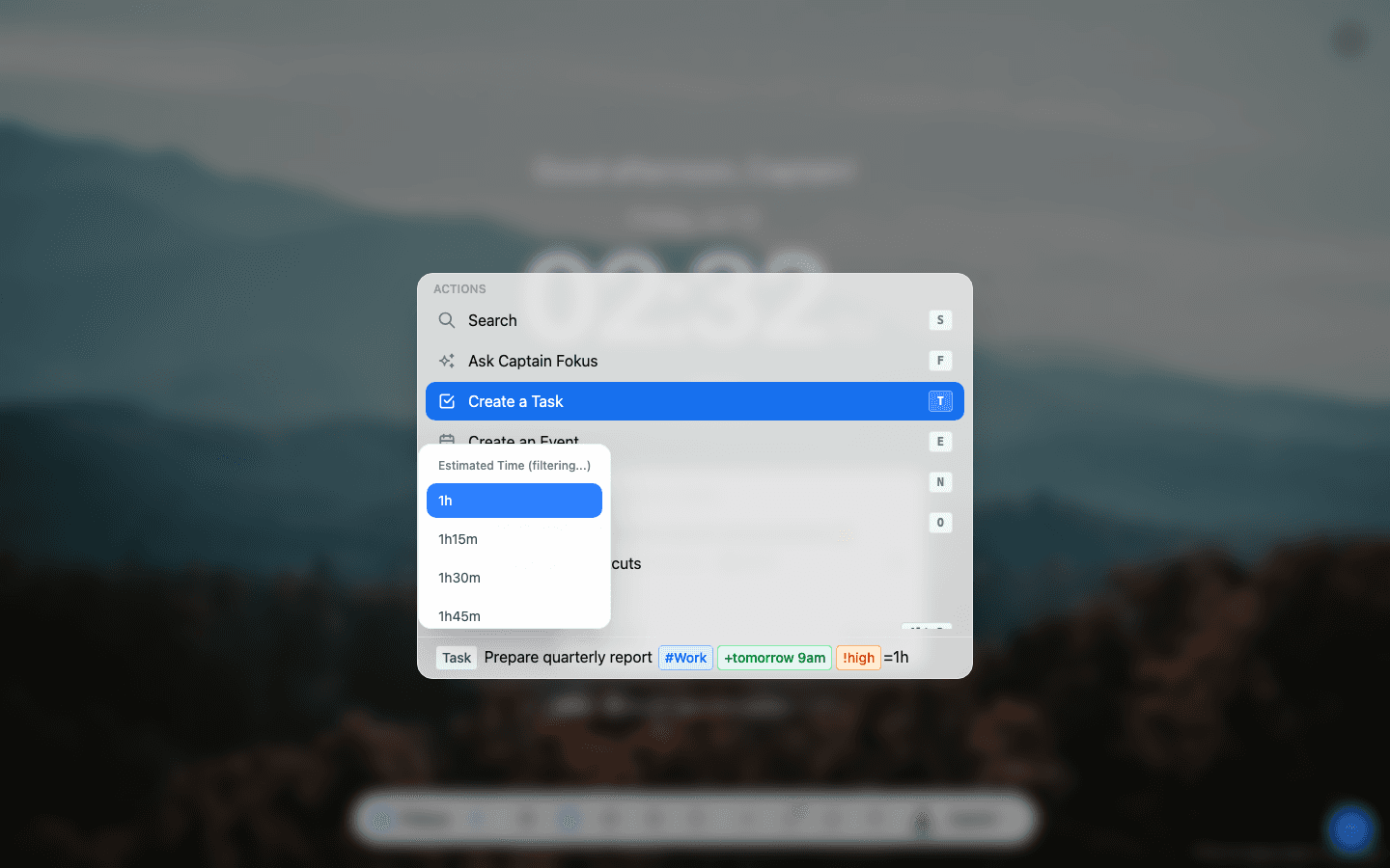 Spotlight task mode with parsed tokens and the estimated-time autocomplete open