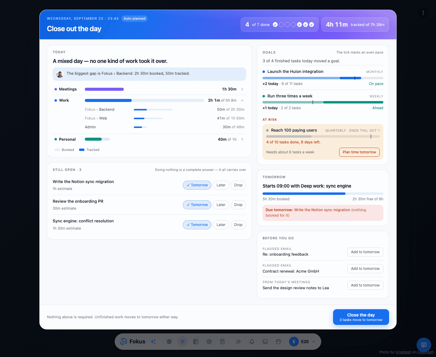 The Close out the day screen: today by meetings, work and personal, goals with one at risk, still-open tasks, tomorrow and items to handle before you go