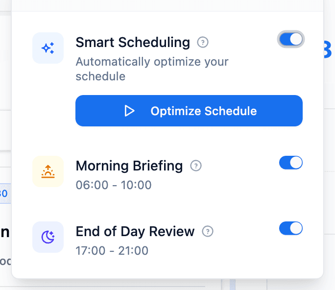 End of Day Review card inside the AI Quick Actions popover in Fokus