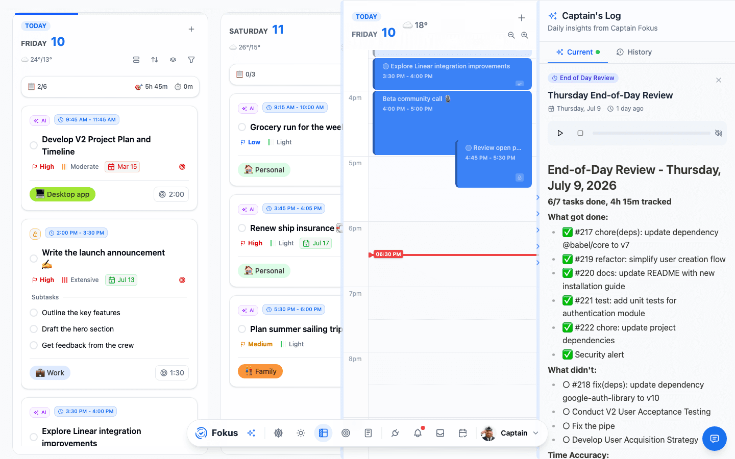 An End-of-Day Review in the Captain's Log: done list, missed list, and time accuracy