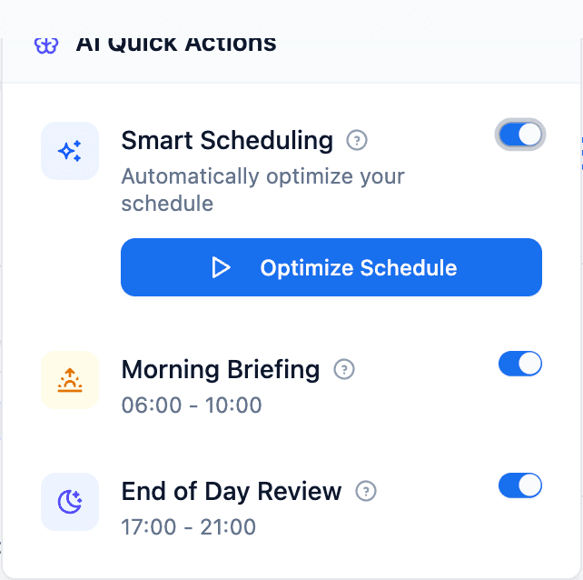Morning Briefing card inside the AI Quick Actions popover in Fokus