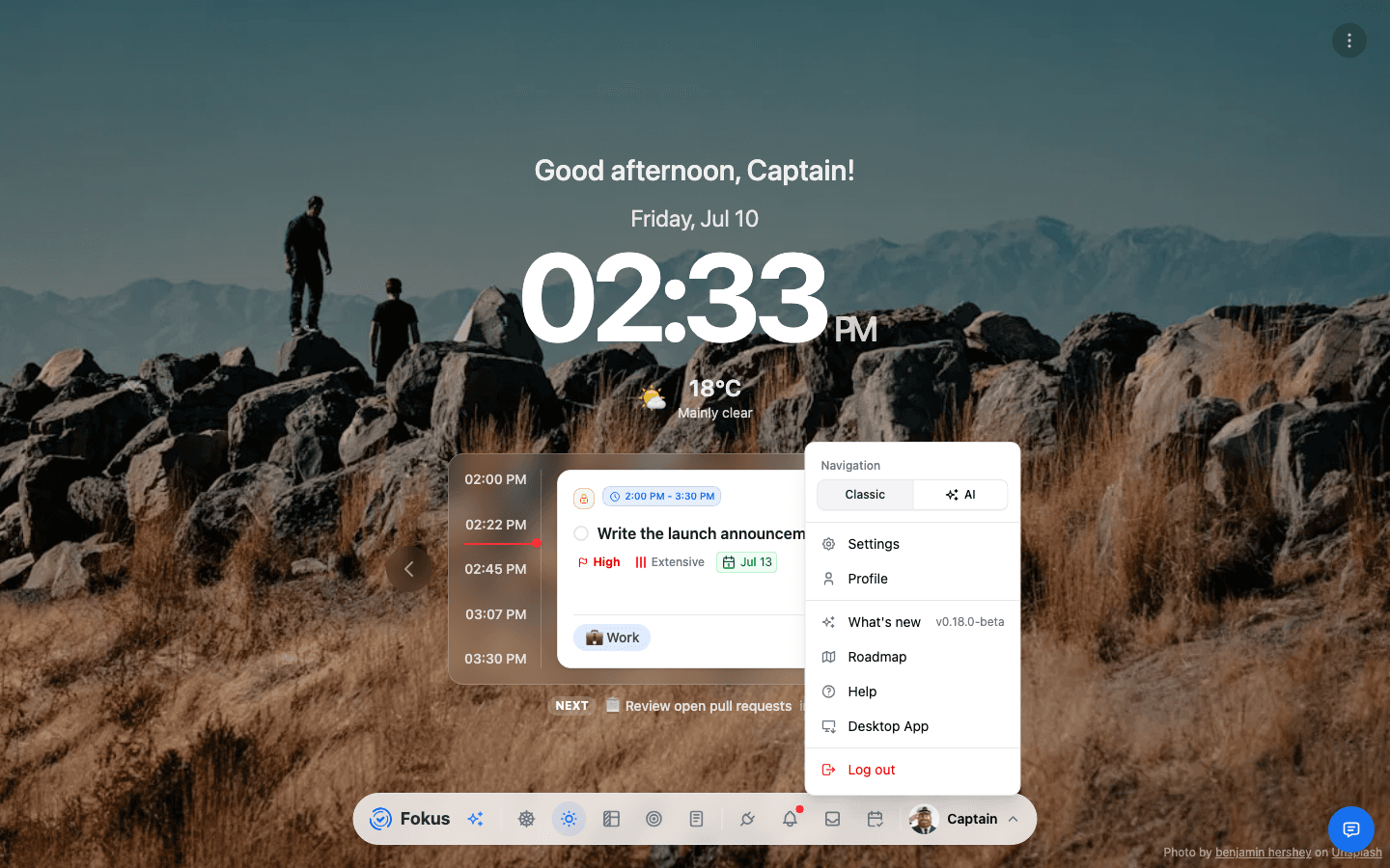 The profile menu in the dock