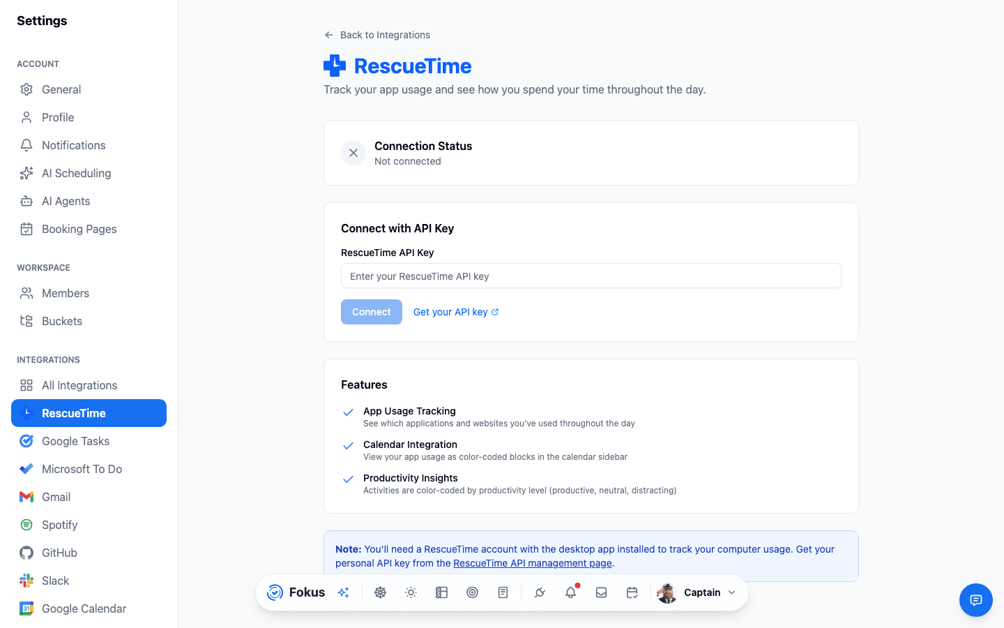 RescueTime integration page with productivity color settings