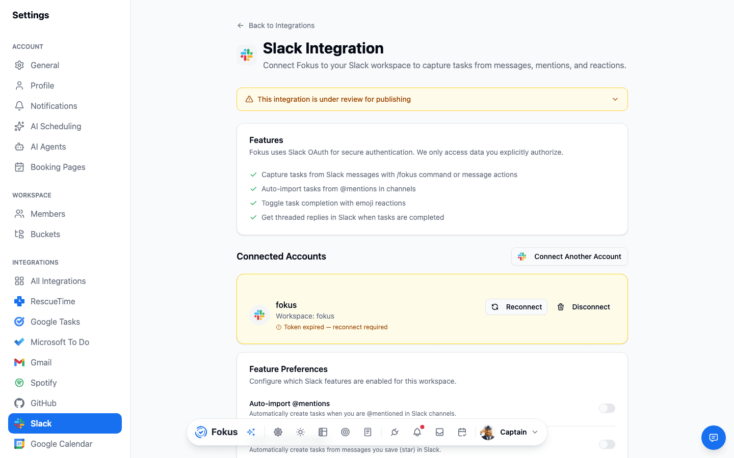 Slack integration page with workspace preferences