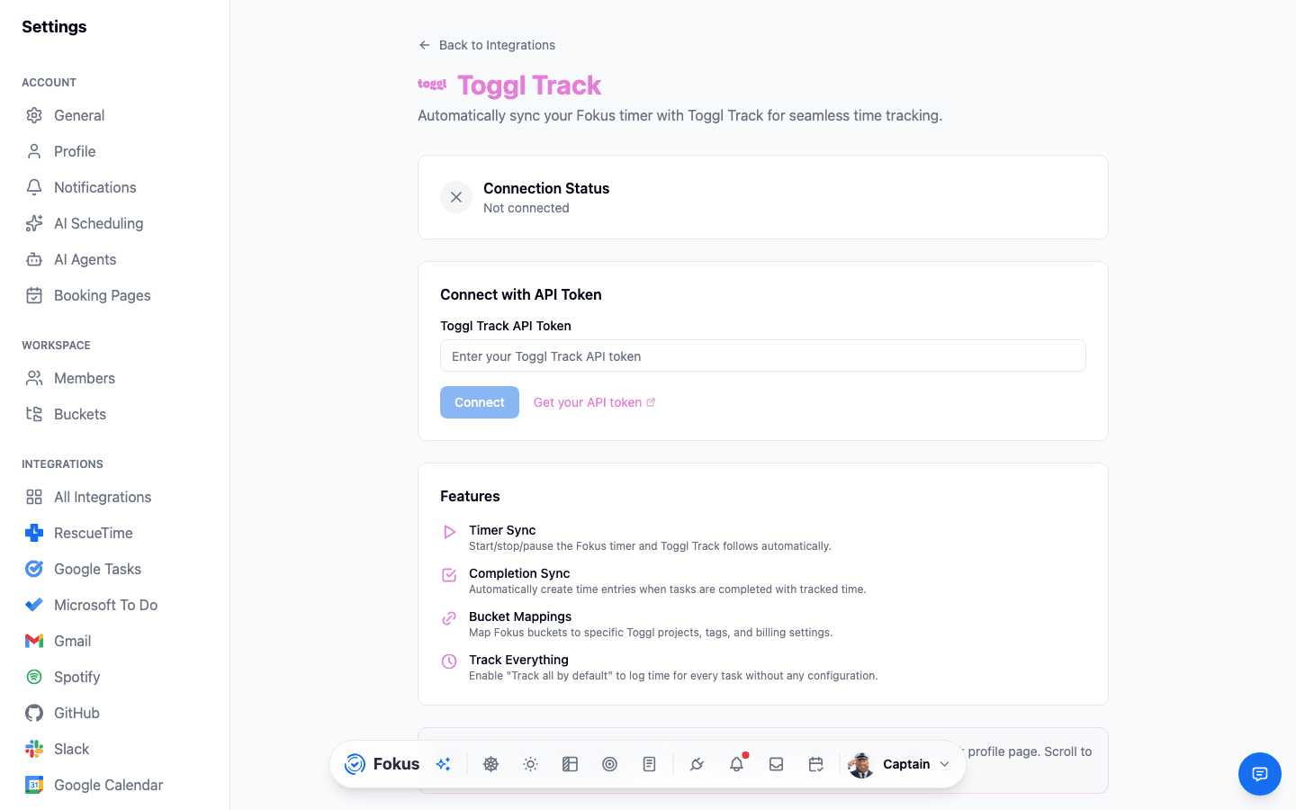 Toggl Track integration page with bucket mappings