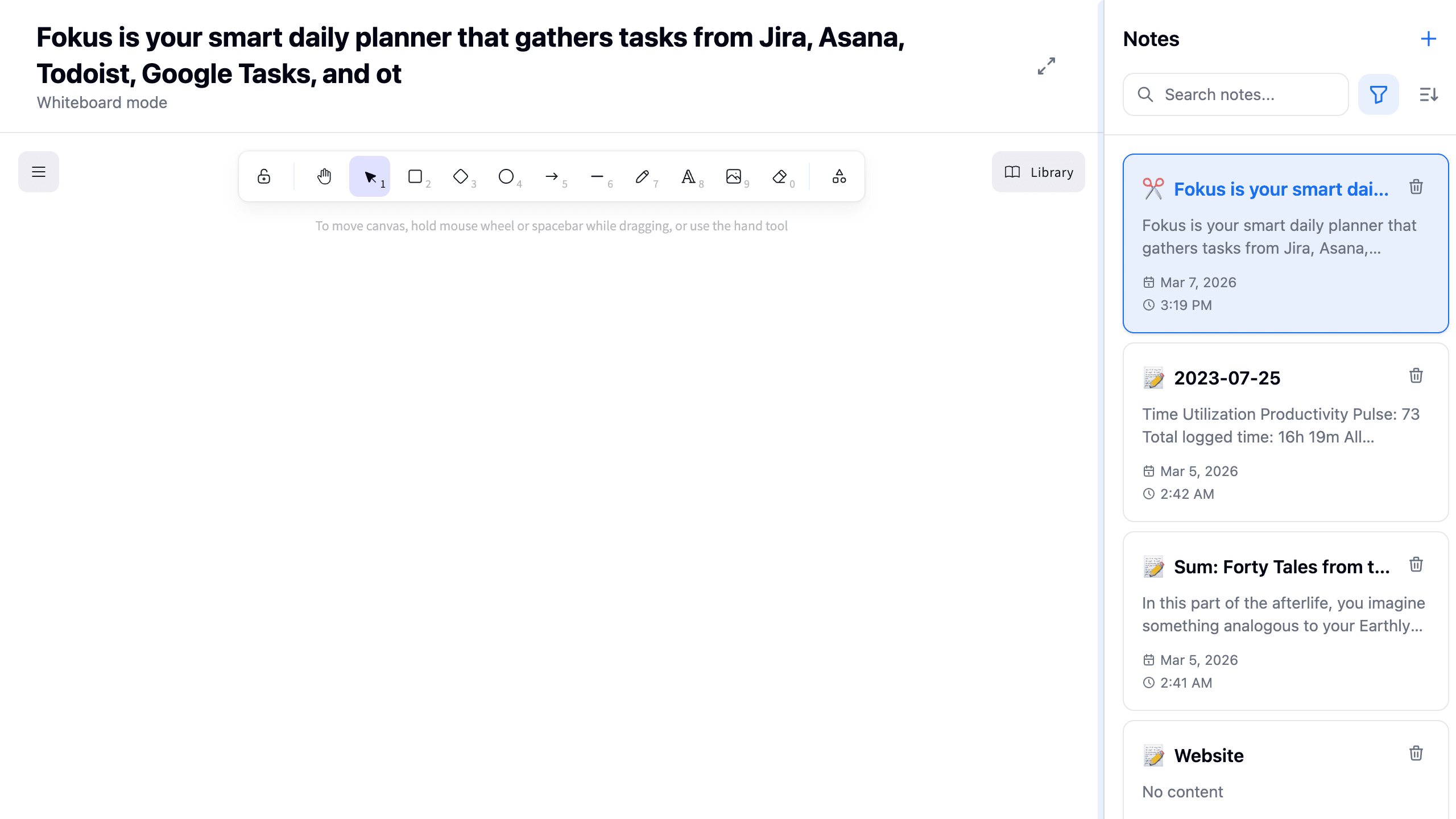 Whiteboard mode in Fokus Notes