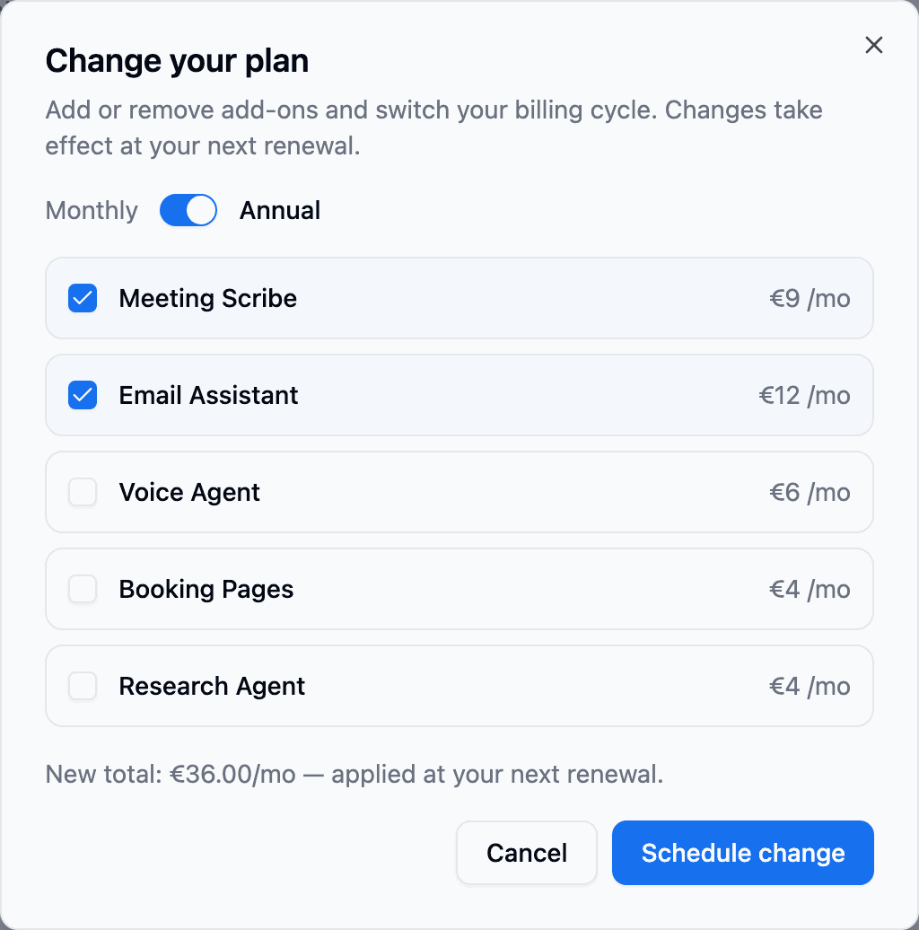 The Change plan dialog with add-on checkboxes, the monthly/annual toggle, and the new total