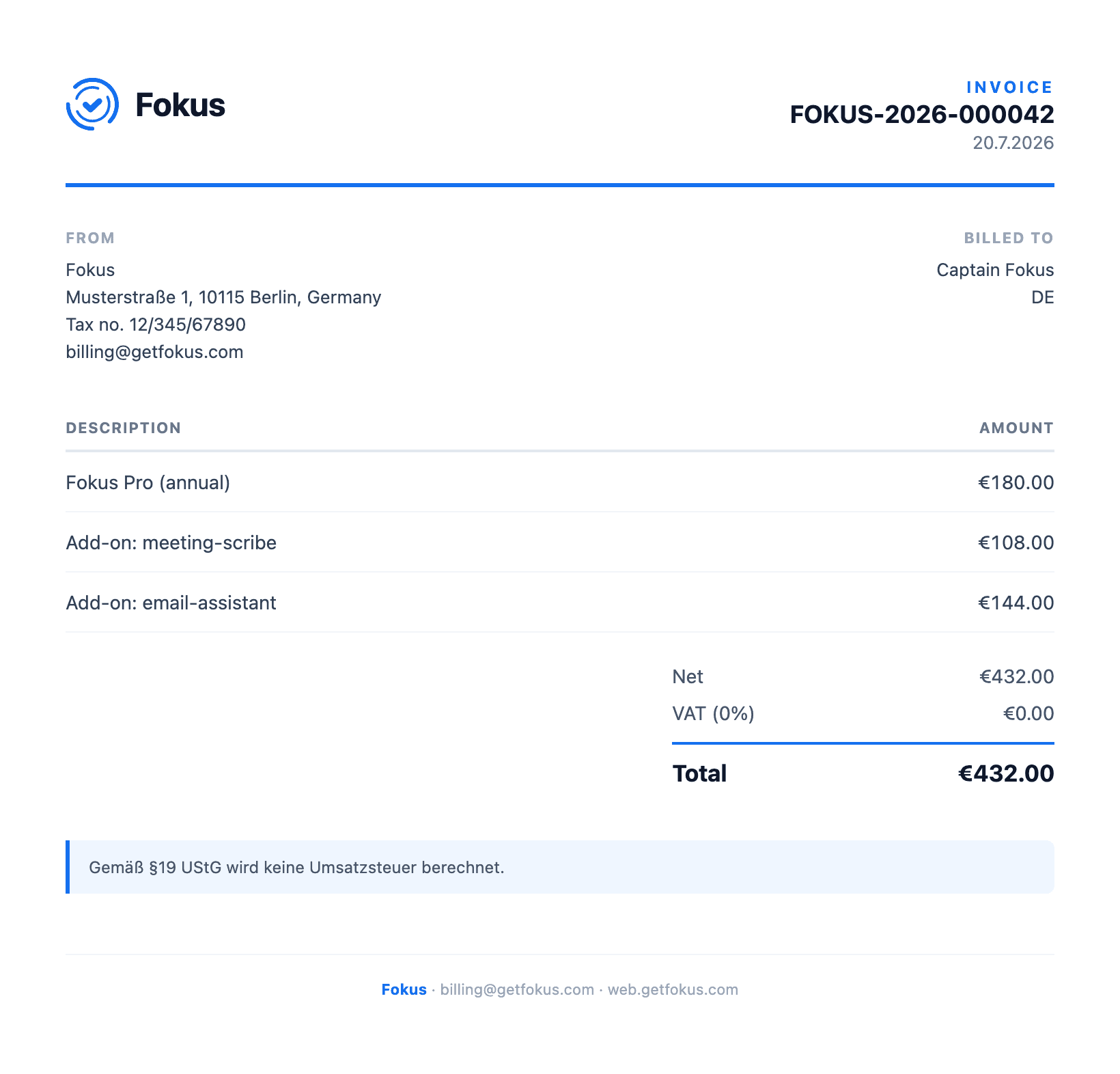 An official Fokus invoice with the Fokus logo, line items, net, VAT, total, and the §19 small-business note