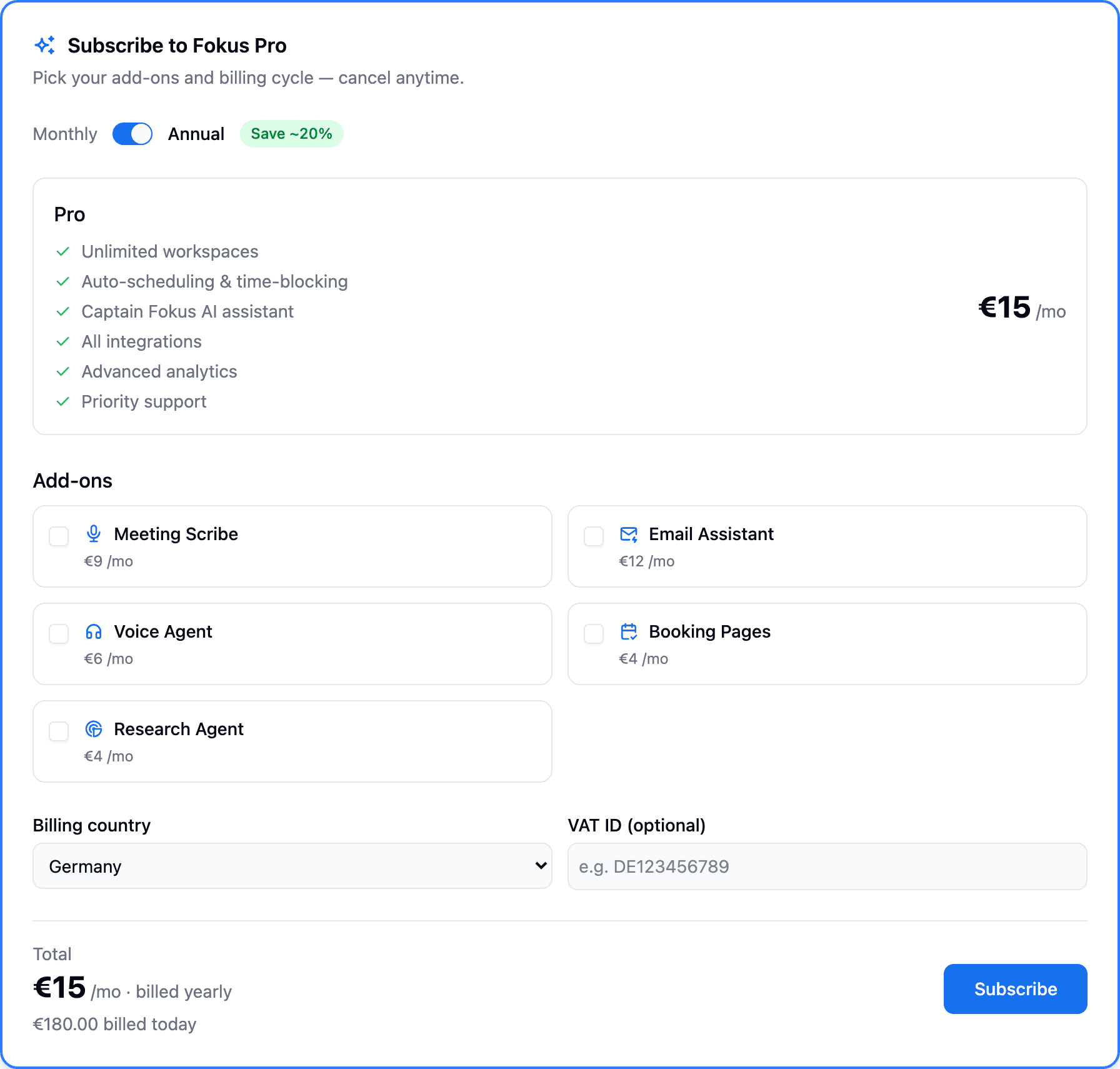 The subscribe panel: the Pro plan, add-on checkboxes, the billing-cycle toggle, and the billing country