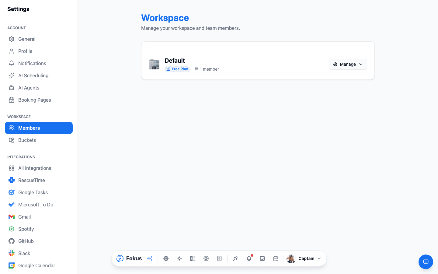 Workspace settings showing the workspace card with plan and member count