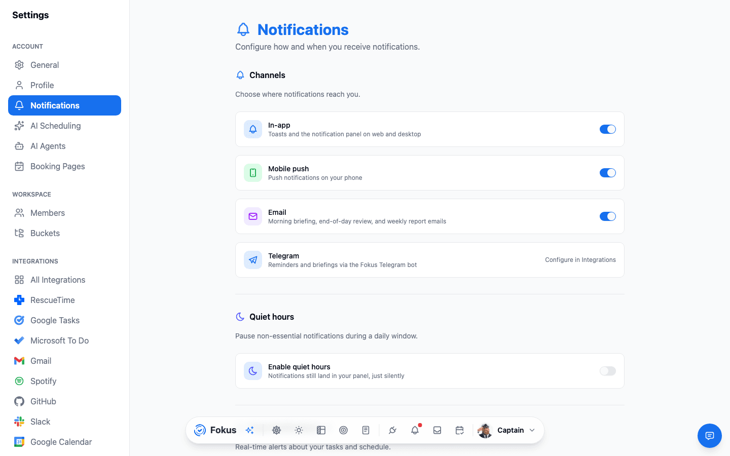 Notification settings with channels and quiet hours
