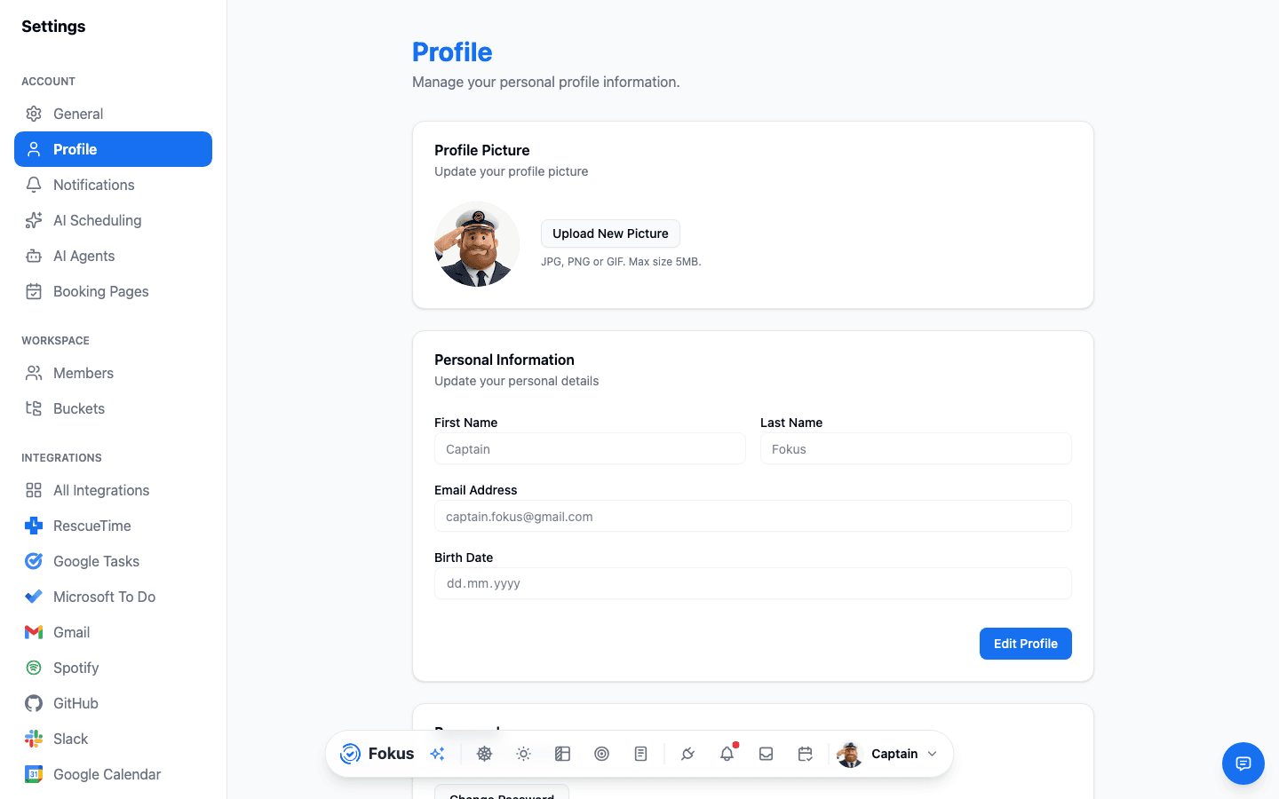 Profile settings with identity details and account status